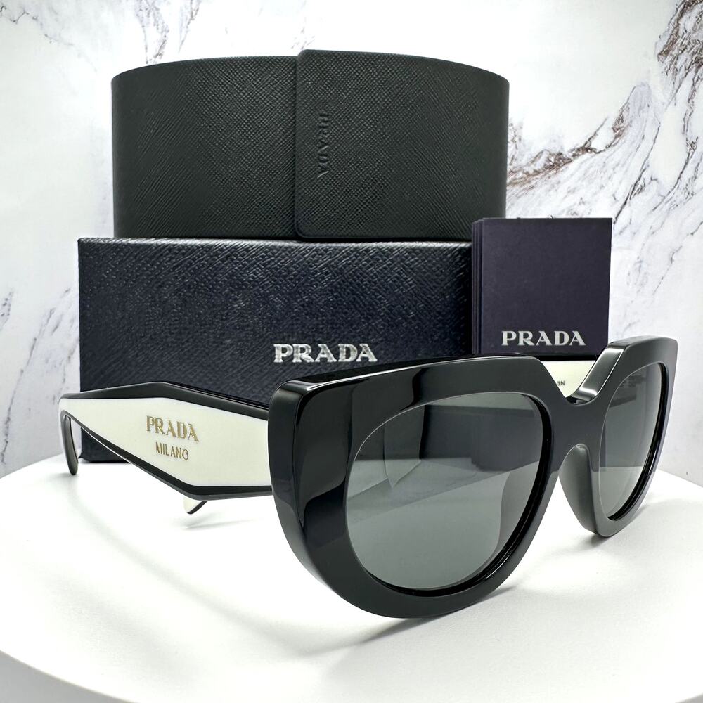 New PRADA Sunglasses Black White Talc Gold Symbole Oval Cat Eye Womens